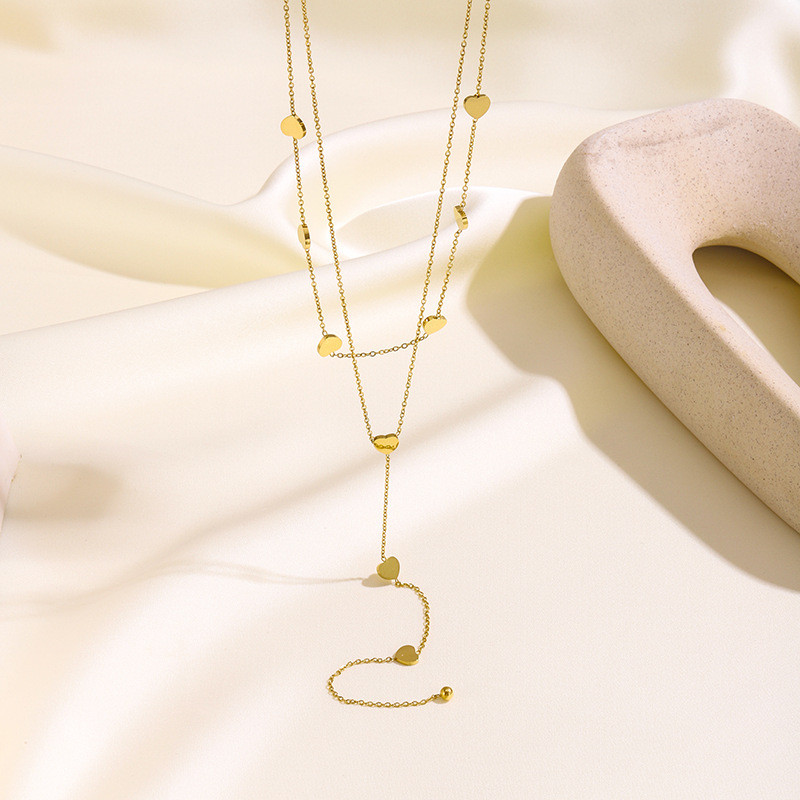 European and American Cross-Border Titanium Steel Necklace Wholesale Korean Version Double Layer Heart Tassel Personality Simple Fashion Versatile Collarbone Chain for Women