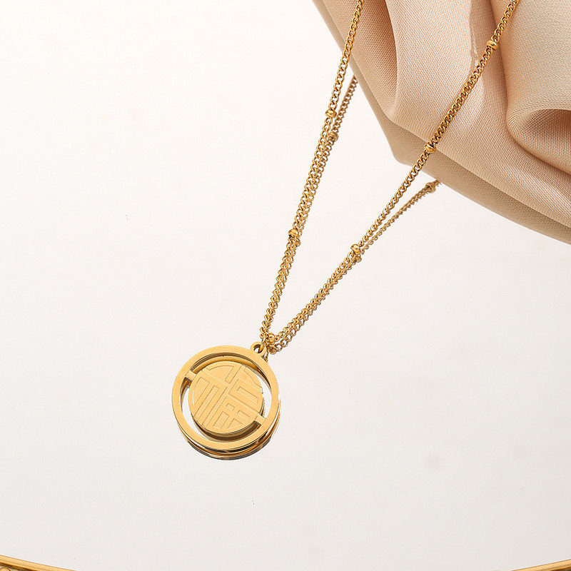 European and American Internet Celebrity Hot-Selling Autumn Versatile Design Round Fu Character Shell Titanium Steel Necklace Sweater Chain Personalized Accessories