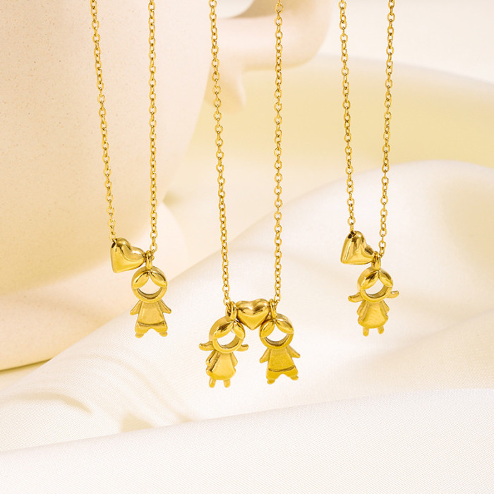 Cross-Border Hot Sale Family Boy Girl Couple Pendant Stainless Steel Necklace Gold-Plated Heart Light Luxury Versatile Collarbone Chain