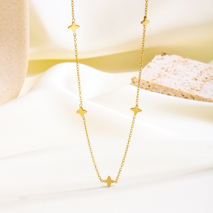 Lucky Four-Leaf Clover Flower Layered Simple Small Collarbone Chain Titanium Steel Color-Retaining Versatile Light Luxury Necklace Choker
