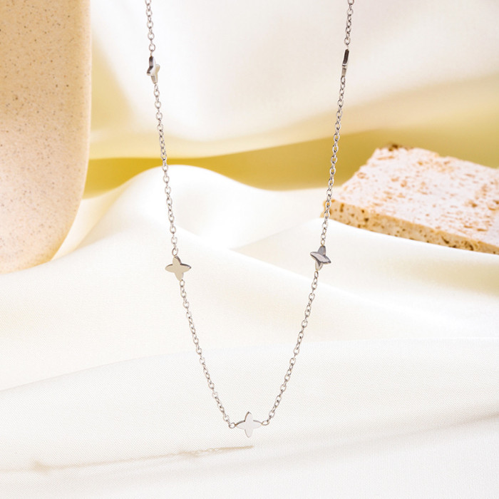 Lucky Four-Leaf Clover Flower Layered Simple Small Collarbone Chain Titanium Steel Color-Retaining Versatile Light Luxury Necklace Choker