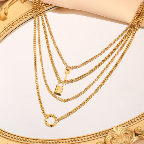 European and American Retro Multi-layer Necklace Creative Fashion Round Ring Lock Sweater Chain Foreign Trade Personality Thick Chain Clavicle Chain Accessories