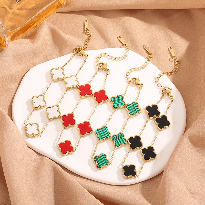 Cross-Border Hot-Selling Four-Leaf Clover Five-Flower Titanium Steel Bracelet for Women 18K Gold Double-Sided Mother-of-Pearl European and American Fashion Elegant Versatile