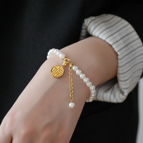 New Ins Niche Pearl Tassel Fortune Pendant Bracelet for Women Summer Best Friend Jewelry Simple Minimalist Style Non-Fading Qixi Festival