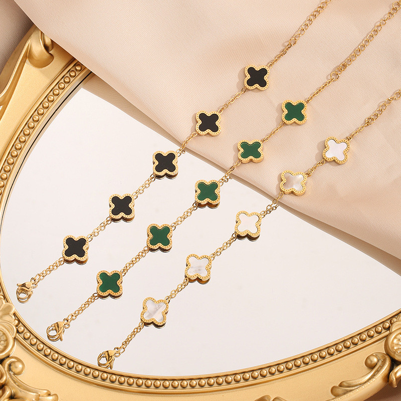 Japanese and Korean Fashion Titanium Steel Four-Leaf Clover Five-Flower Bracelet for Women Lucky Clover Acrylic 18K Rose Gold Bracelet Bangle