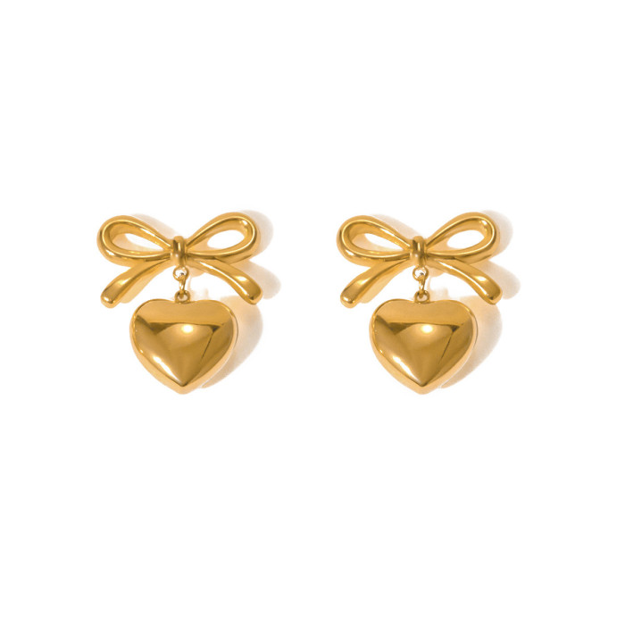 INS Style Popular Personality 18K Gold Stainless Steel Bowknot Heart Pendant Earrings Wholesale for Women