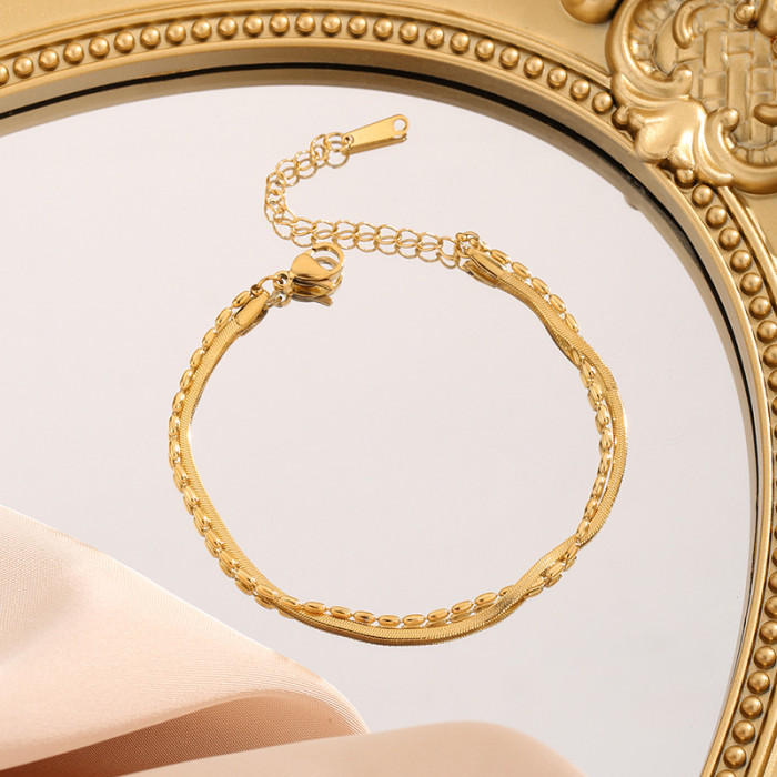 Japanese and Korean Fashion Simple Titanium Steel Snake Bone Rice Grain Double Layer Bracelet for Women, Niche Design, Non-Fading, Minimalist Style Jewelry