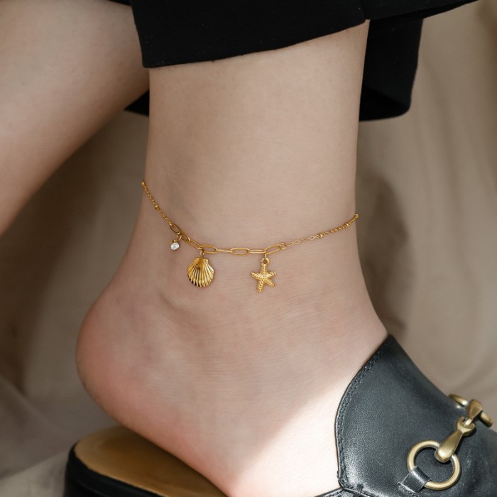 Niche High-End Shell Green Bead Anklet for Women 2023 New Summer Non-Fading Design Personality Korean Gift