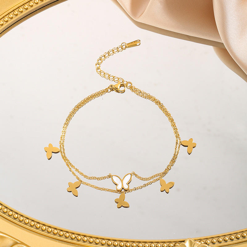 Cross-Border Hot-Selling Double-Layer Butterfly Anklet for Women Versatile High-End Feel Titanium Steel Non-Fading Sexy Ankle Chain Wholesale