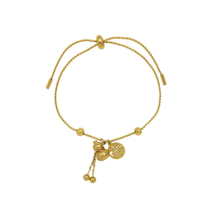 Chinese Style Good Luck Gourd Fortune Character Pull Titanium Steel Bracelet for Women, Chinese Ethnic Style, 18K Gol...