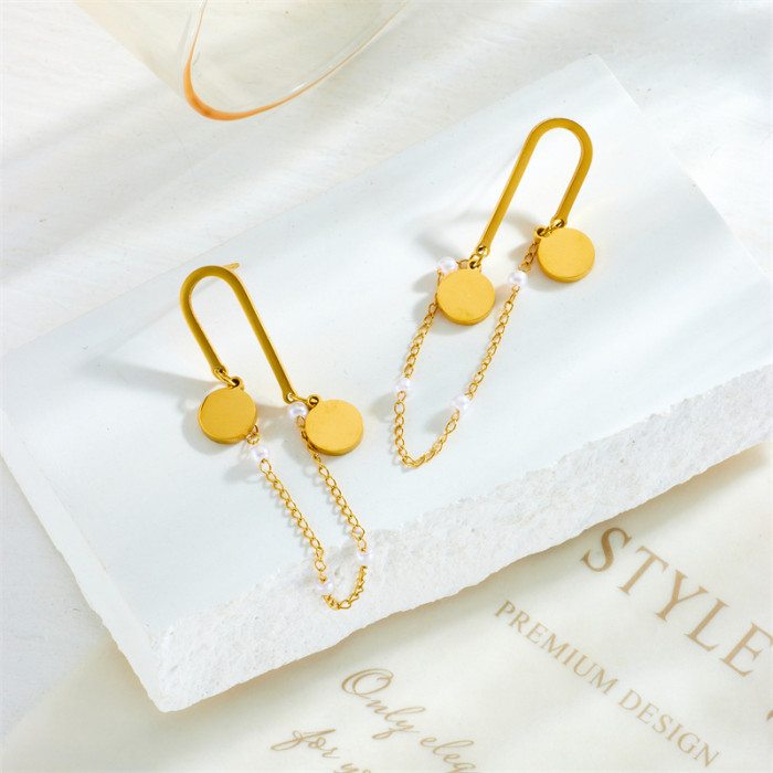 Fashion Niche Personality Chain Fashion Jewelry Tassel Pearl Round Pendant Hanging Titanium Steel Gold Plated Earrings