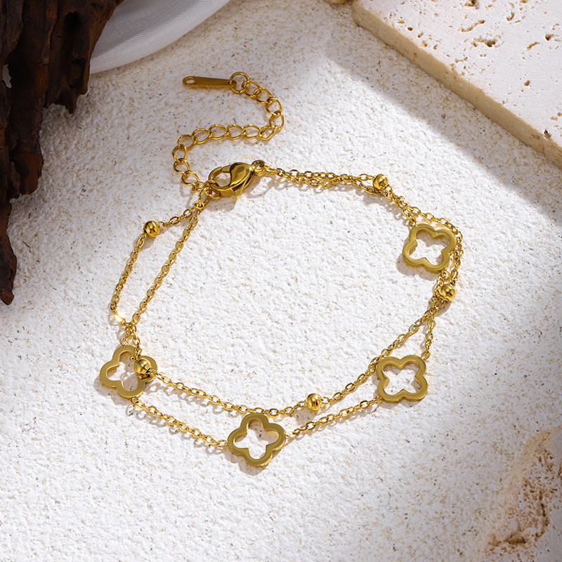 Cross-Border Hot Sale Double Layer Four-Leaf Clover Steel Bracelet for Women, Light Luxury Temperament, 18K Gold Plated Jewelry, Non-Fading Trendy Jewelry