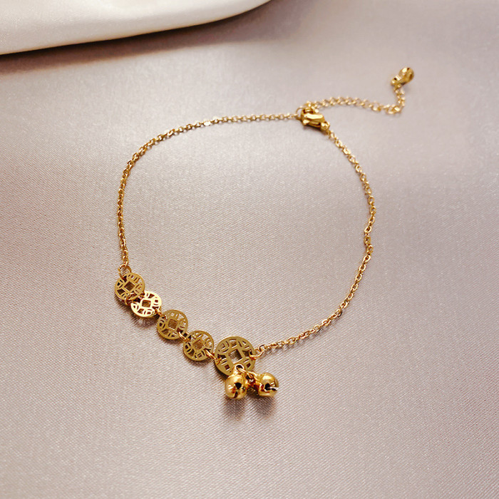 Titanium Steel Vintage Coin Anklet for Women 2024 New Trend Bell Ancient Style Sexy Foot Chain Internet Celebrity Sim...