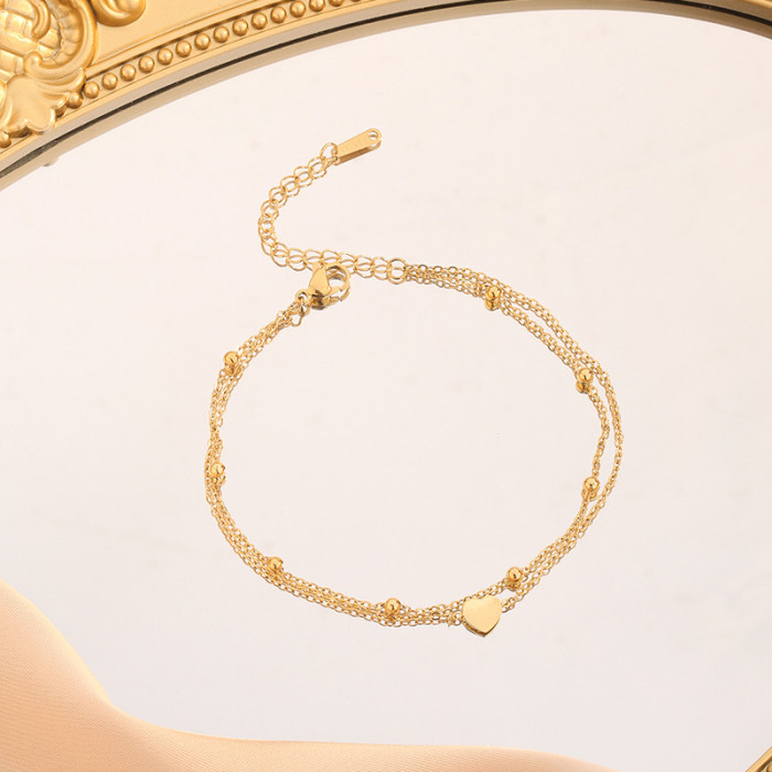 Cross-Border New Anklet Jewelry Trendy Simple Round Bead Chain Lucky Heart Anklet Stainless Steel Double Layer Foot Jewelry Wholesale