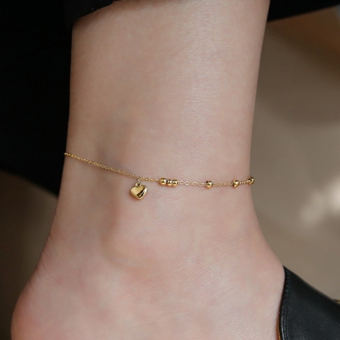 Six Beads Small Heart Anklet for Women 2024 New High-end Round Bead Heart-shaped Niche Titanium Steel Non-fading Anklet