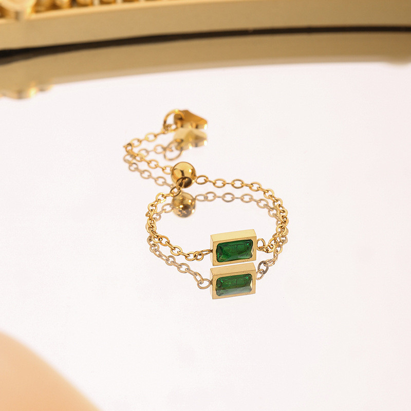 European and American INS Style Personality Pull Chain Green Zircon Design Personality Ring for Women Titanium Steel 18K Gold Plated Jewelry for Women