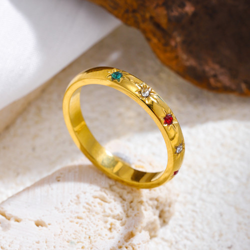 Vintage French Style Colorful Zircon Eight-Pointed Star Titanium Steel Ring for Women, Light Luxury Simple Summer Ring, Minimalist Trendy Accessory