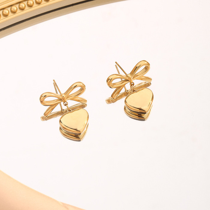INS Style Popular Personality 18K Gold Stainless Steel Bowknot Heart Pendant Earrings Wholesale for Women
