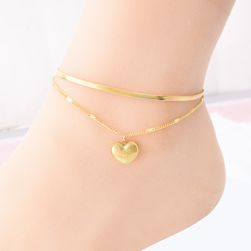 European and American Hot-Selling Double-Layer Anklet Titanium Steel Heart Letter Jewelry Internet Celebrity Same Style Non-Fading Anklet Beach Women Wholesale