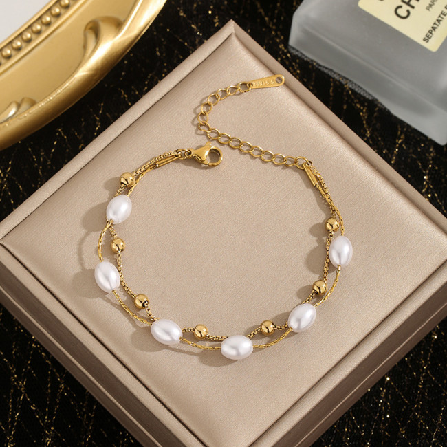 Cross-Border Fashion Light Luxury Versatile Pearl Splicing Trendy Jewelry Wholesale Simple Design Titanium Steel Bracelet for Women