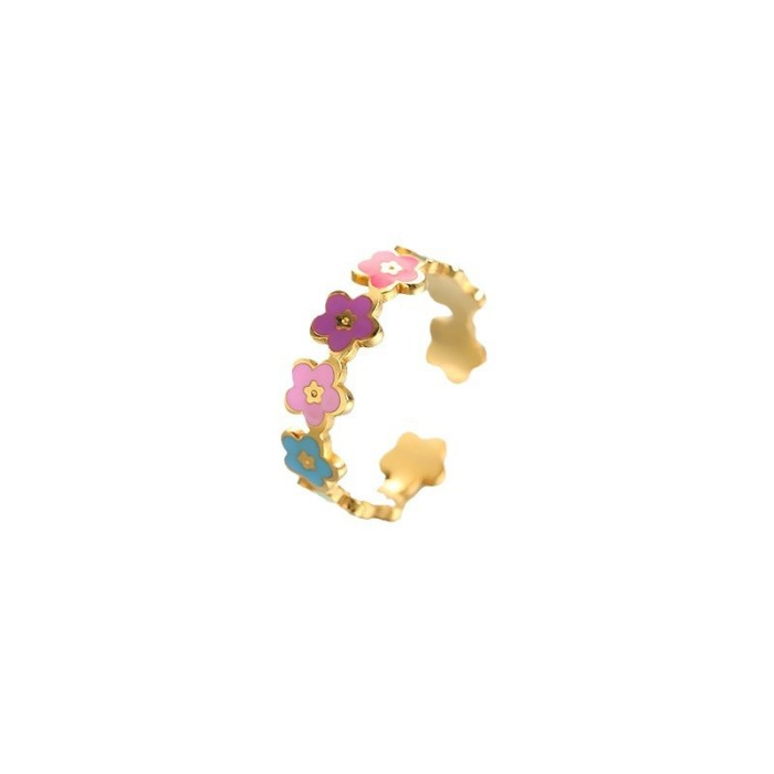 Stainless Steel Jewelry Fresh Sweet Colorful Smiley Face Flower Adjustable Titanium Steel Ring for Women