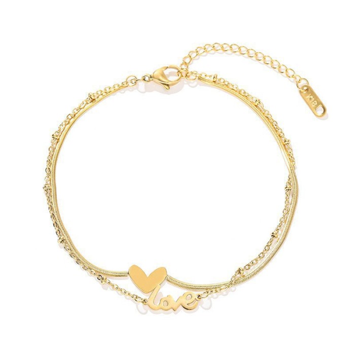 High-End Anklet for Women, Ins Style, Love Heart Double Layer Anklet, Titanium Steel, Non-Fading, 18K Plated, Letter...