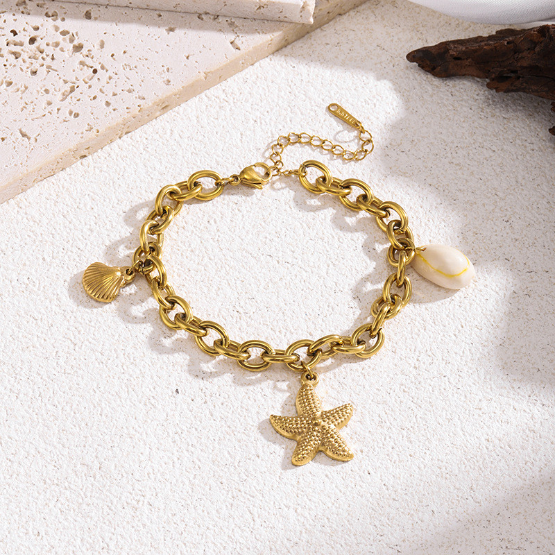 2025 European and American Summer New Ocean Series Titanium Steel Bracelet 18k Gold Stainless Steel Starfish Shell Conch Bracelet