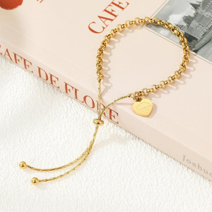 European and American Light Luxury Adjustable Heart Pull Titanium Steel Bracelet Round Pearl Chain Anklet for Women Non-Fading Style Bracelet Personality