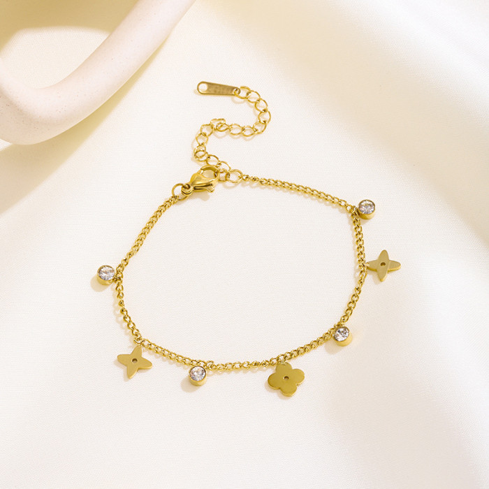 Korean Version New Glossy Flower Zircon Anklet 18K Gold Titanium Steel Jewelry Non-Fading Beach Women's Anklet Jewelry