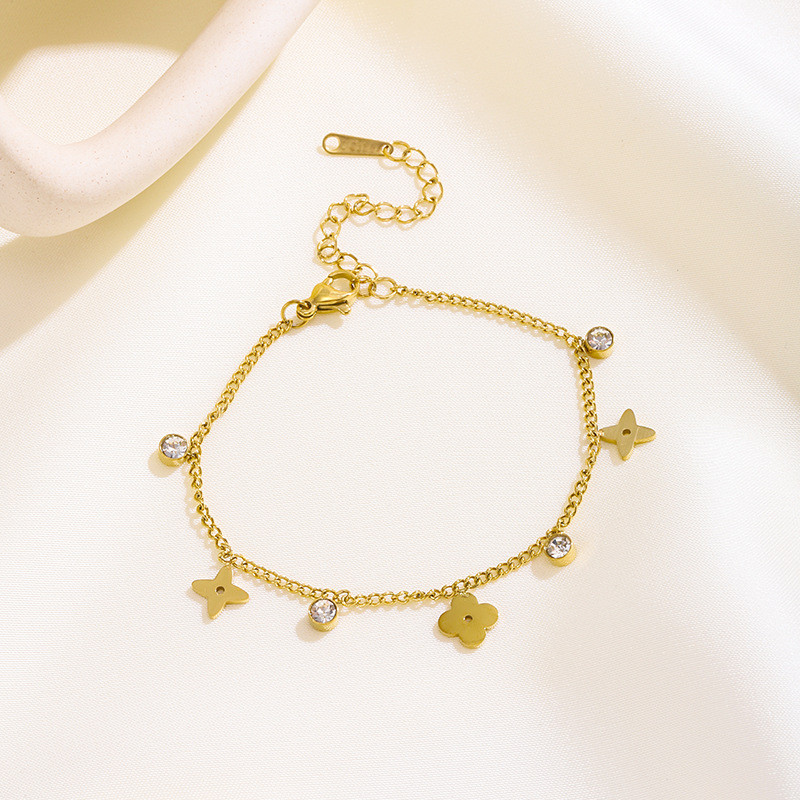 Korean Version New Glossy Flower Zircon Anklet 18k Gold Titanium Steel Jewelry Non-Fading Beach Women's Anklet Jewelry