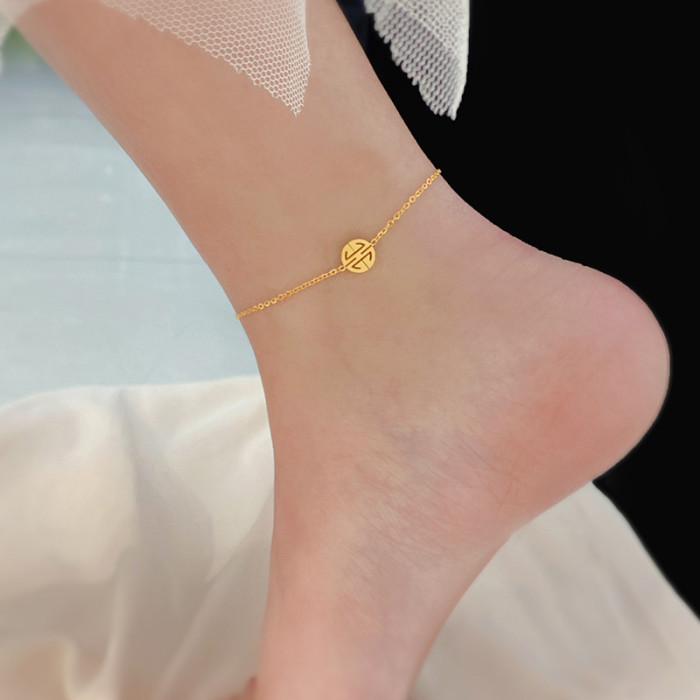 Korean Version Mori Style 18K Small Fortune Pendant Anklet for Women Simple Hollow Round Titanium Steel Non-Fading Je...