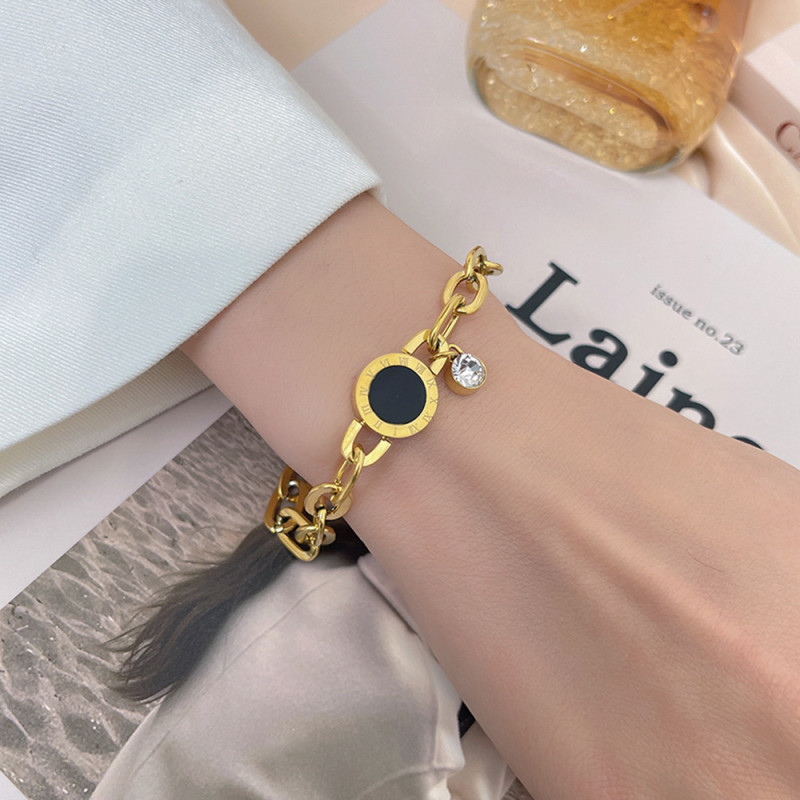 Cross-Border Accessories New Fashion Women's Bracelet Simple Japanese and Korean Style Titanium Steel Inlaid with Diamonds Roman Numerals Niche Design Sense