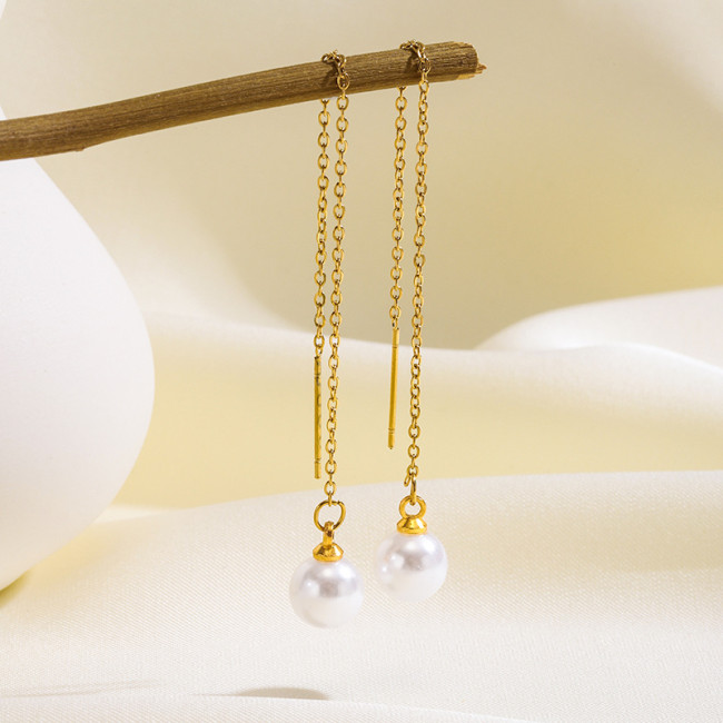 European and American Simple Style Women's Fashion Dangling Earrings High-end Simple Long Tassel Imitation Pearl Stainless Steel Ear Line