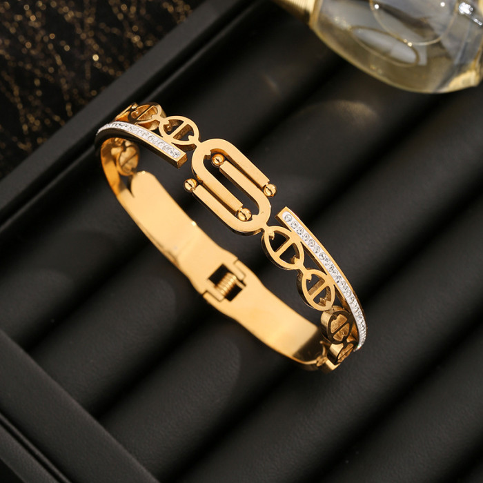Hot Selling Light Luxury Spring Double U Hollow Stone-Inlaid Titanium Steel Bracelet for Women High-End Fashion Ver...