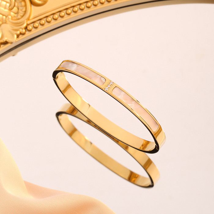 Titanium Steel High-End White Shell Mother-of-Pearl Bracelet for Women with Inlaid Diamonds, Simple and Unique Ins-St...