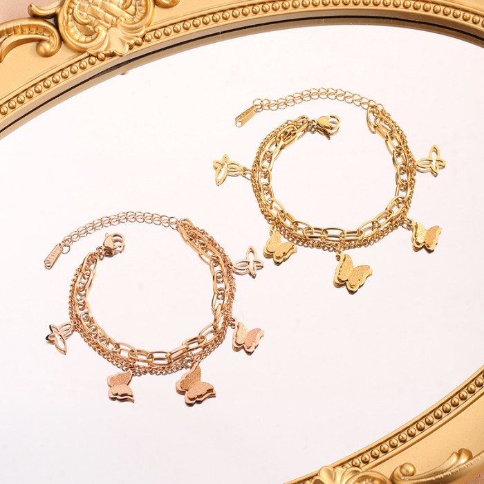 Titanium Steel 18K Rose Gold Butterfly Double Layer Bracelet for Women Korean Style Simple Personality Ins Niche Desi...