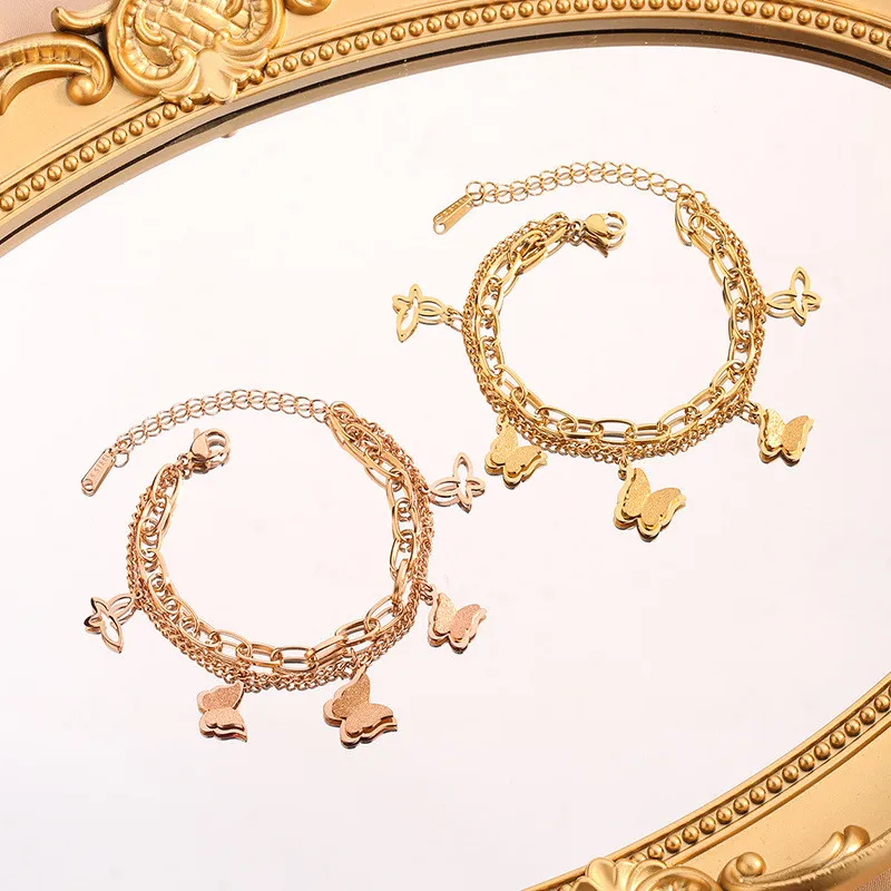Titanium Steel 18k Rose Gold Butterfly Double Layer Bracelet for Women Korean Style Simple Personality Ins Niche Design Best Friend Sister Chain