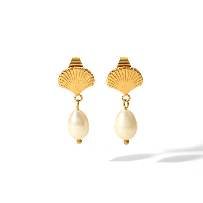 INS Style New Versatile 18K Gold Stainless Steel Inlaid Freshwater Pearl Shell Pendant Trendy Fashion Earrings Studs
