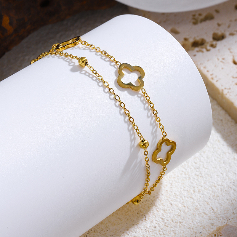 Cross-Border Hot Sale Double Layer Four-Leaf Clover Steel Bracelet for Women, Light Luxury Temperament, 18K Gold Plated Jewelry, Non-Fading Trendy Jewelry