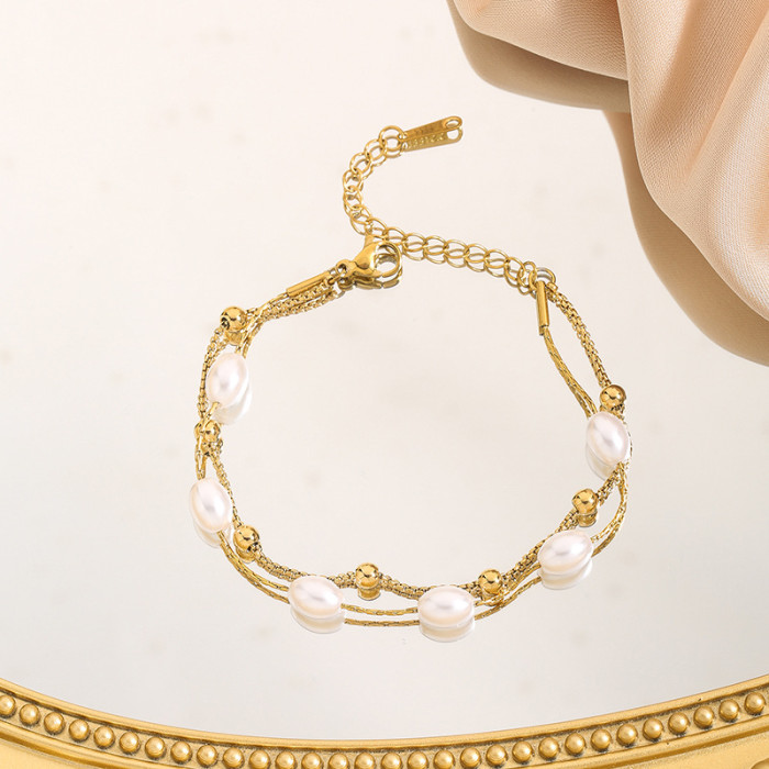 Cross-Border Fashion Light Luxury Versatile Pearl Splicing Trendy Jewelry Wholesale Simple Design Titanium Steel Bracelet for Women