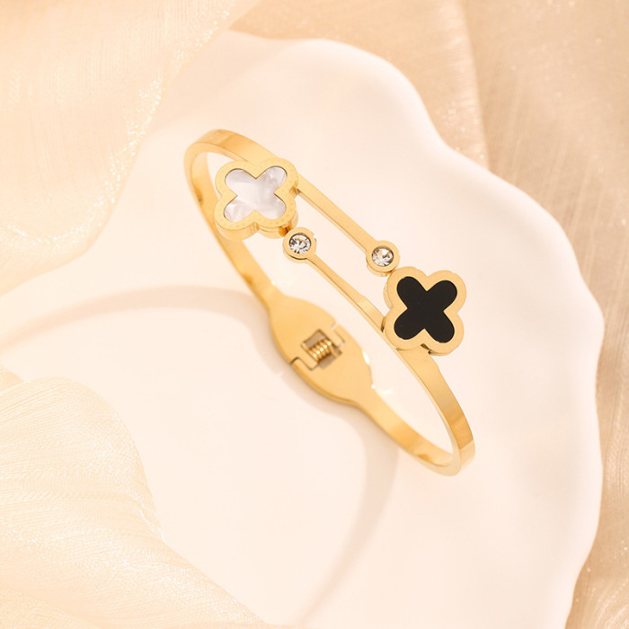 Black and White Double Four-Leaf Clover Bracelet Titanium Steel Micro Stone-Inlaid Gold Plated 18K Rose Gold Shell...