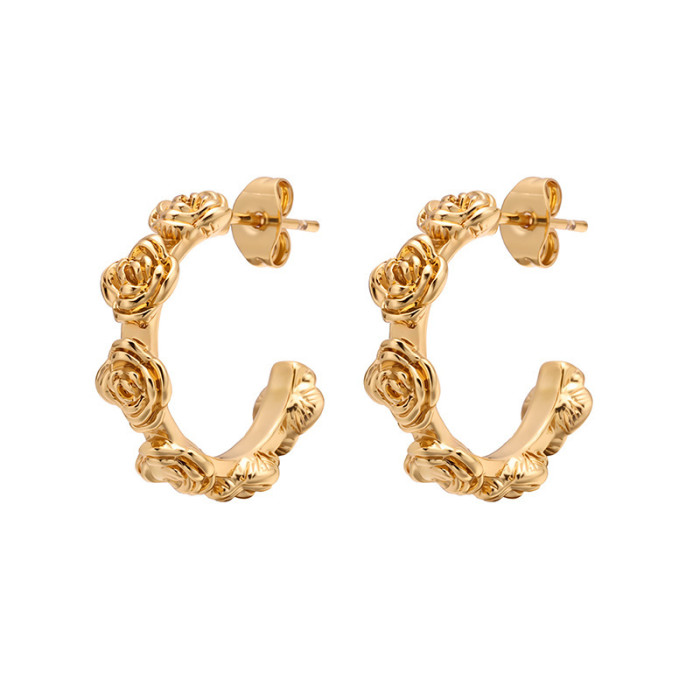 E-commerce Hot-Selling Rose Flower Earrings Hoop Elegant High-End Light Luxury Women's Earrings Stainless Steel Casti...