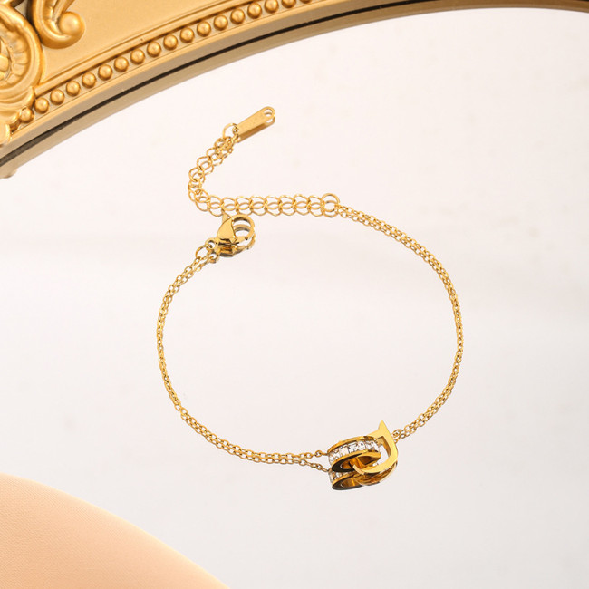 Cross-Border Hot Selling Diamond-Studded Letter D Double-Loop Interlocking Titanium Steel Bracelet for Women Simple Elegant Versatile Trendy Jewelry