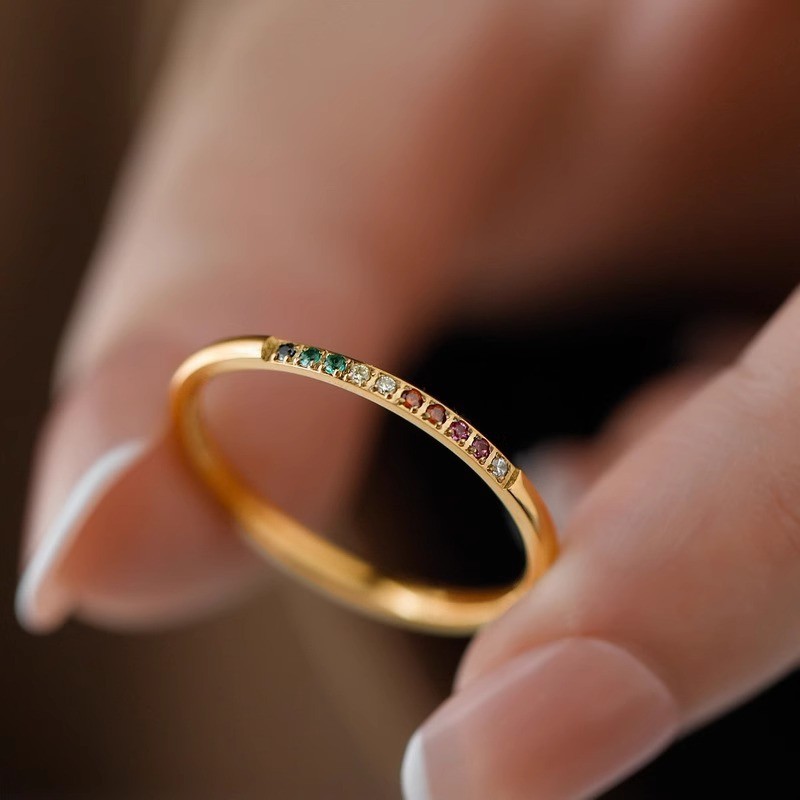 Minimalist Rainbow Color Inlaid Diamond Titanium Steel 18k Gold Plated Ring for Women, Stackable High Color Retention Ring, Niche Design Index Finger Ring