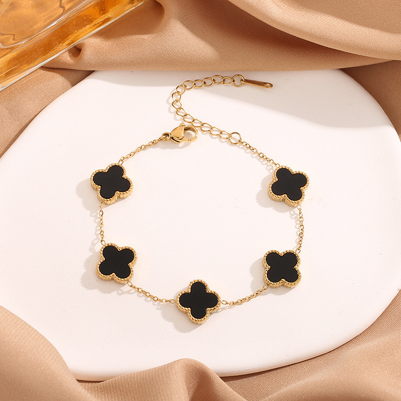 Cross-Border Hot-Selling Four-Leaf Clover Five-Flower Titanium Steel Bracelet for Women 18K Gold Double-Sided Mother-of-Pearl European and American Fashion Elegant Versatile