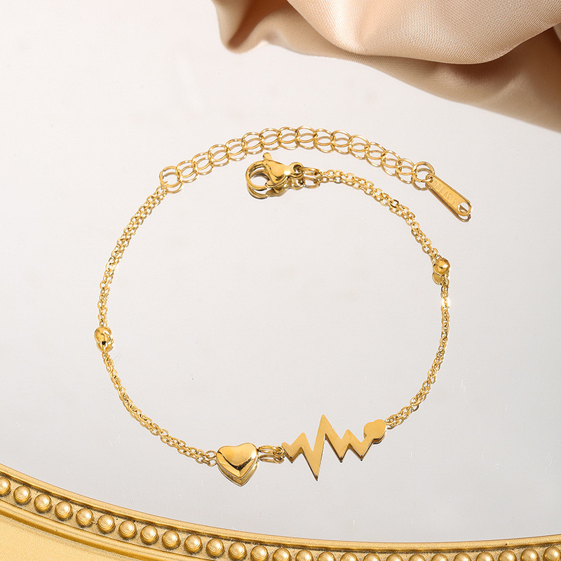 Minimalist Style Beating Heart Geometric Titanium Steel Bracelet for Women, Light Luxury Versatile 18K Gold Plated ECG Versatile Bracelet