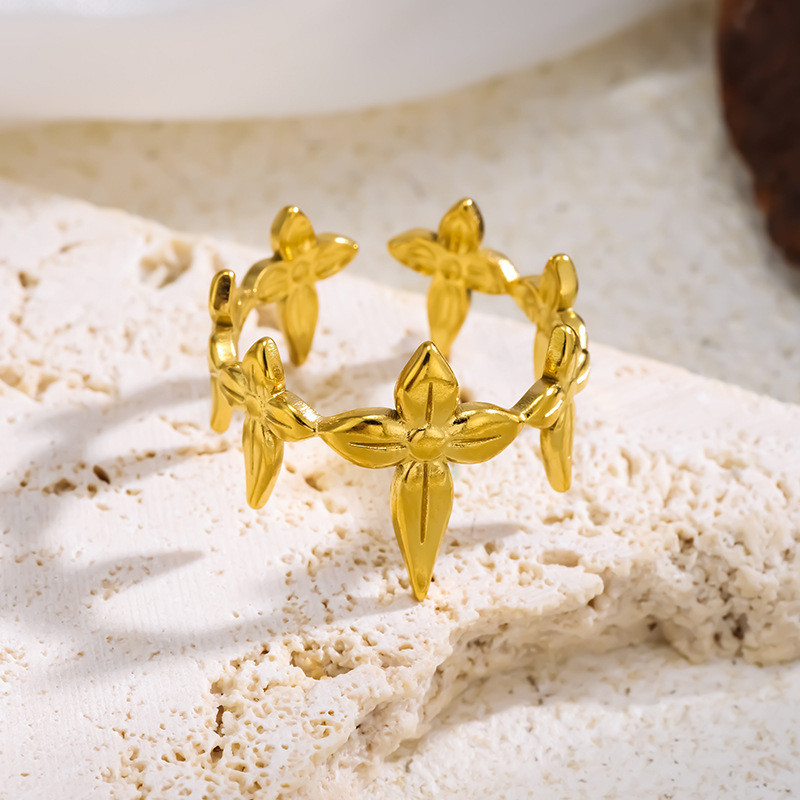 European and American Cross-Border Stainless Steel Open Ring 18K Gold Plated Light Luxury High-End Imitation Pearl Geometric Heart Ring