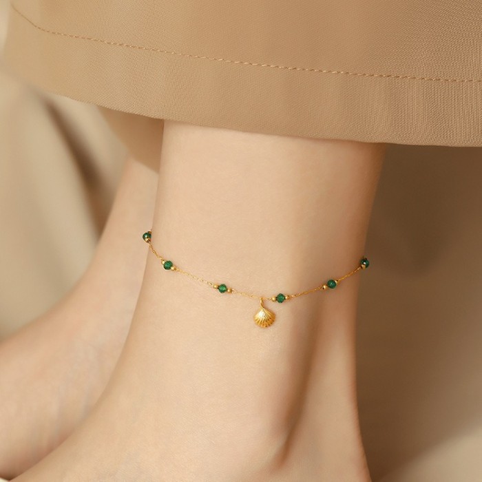 Shell Anklet for Women Trendy Niche Design Gold-Plated 2024 New Summer Titanium Steel Fashion Emerald Bead Foot Chain