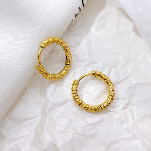 Korean Style Stainless Steel Circle Versatile Earrings Ear Clips Minimalist Embossed Niche Titanium Steel Earrings Women's Fashionable Temperament