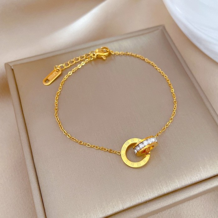 Double Ring Spliced Roman Font Titanium Steel Bracelet for Women, Versatile Non-Fading Gold Hand Jewelry, Niche Design Light Luxury Accessory